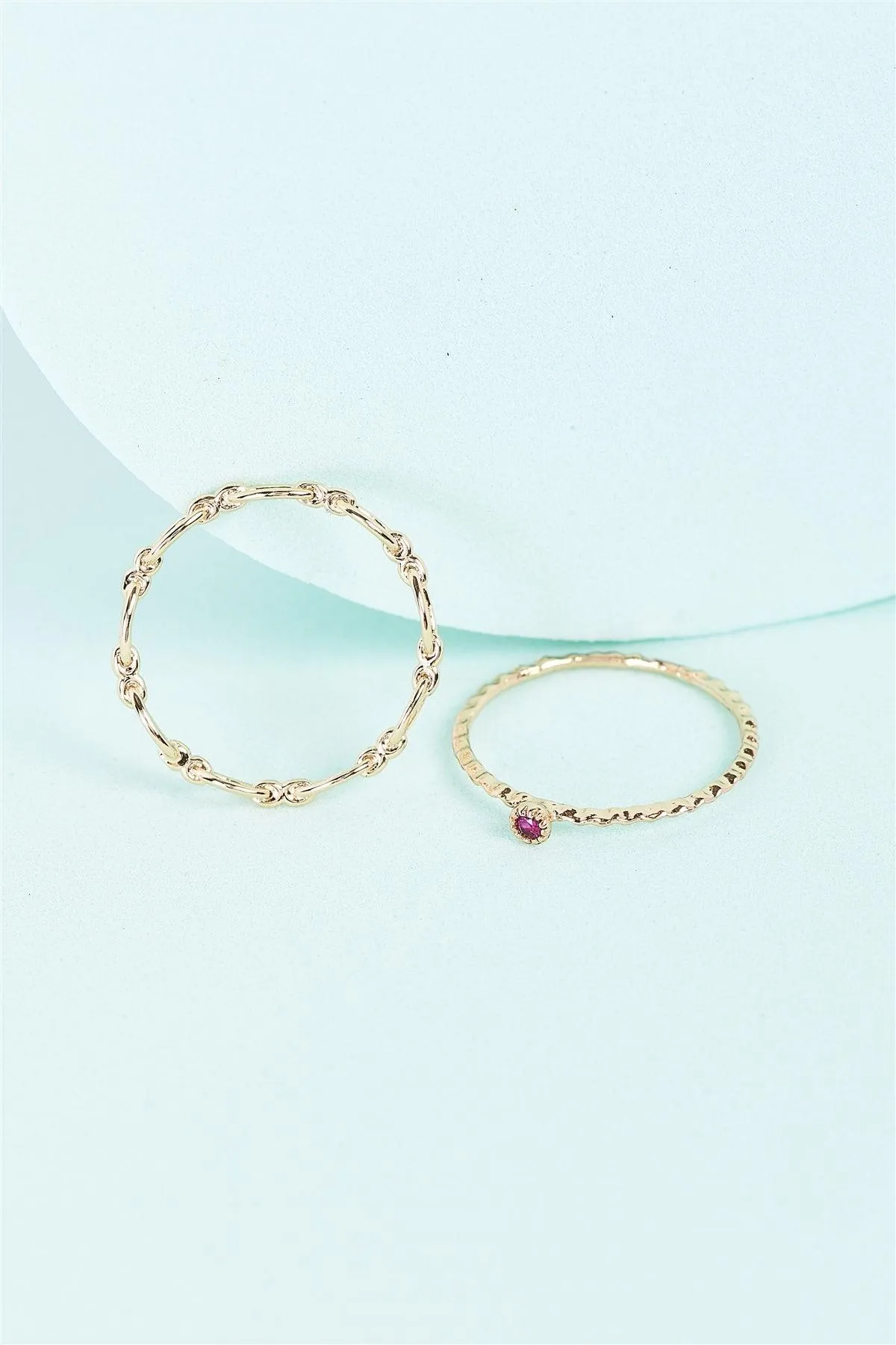 Gold Delicate Chain Link Pink Gemstone 2 Ring Set