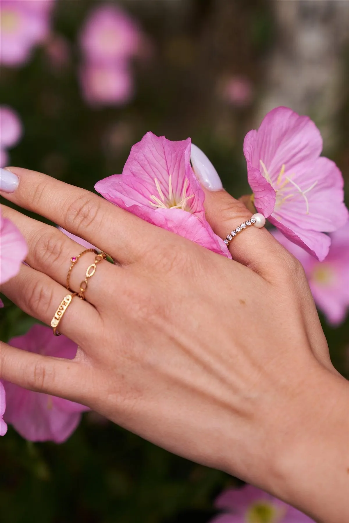 Gold Delicate Chain Link Pink Gemstone 2 Ring Set