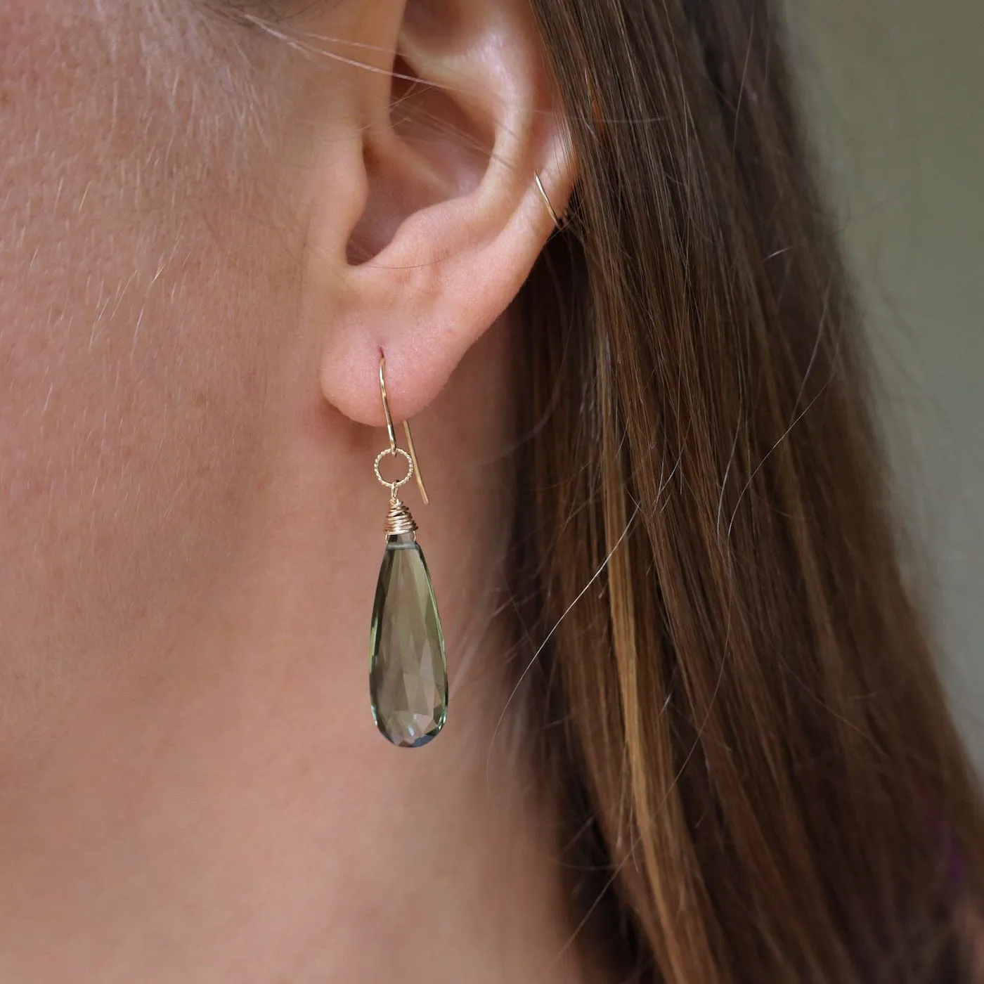 Gold Filled Long Green Amethyst Teardrop Earring