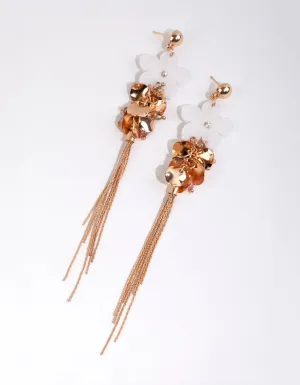 Gold Long Chain Flower Drop Earrings