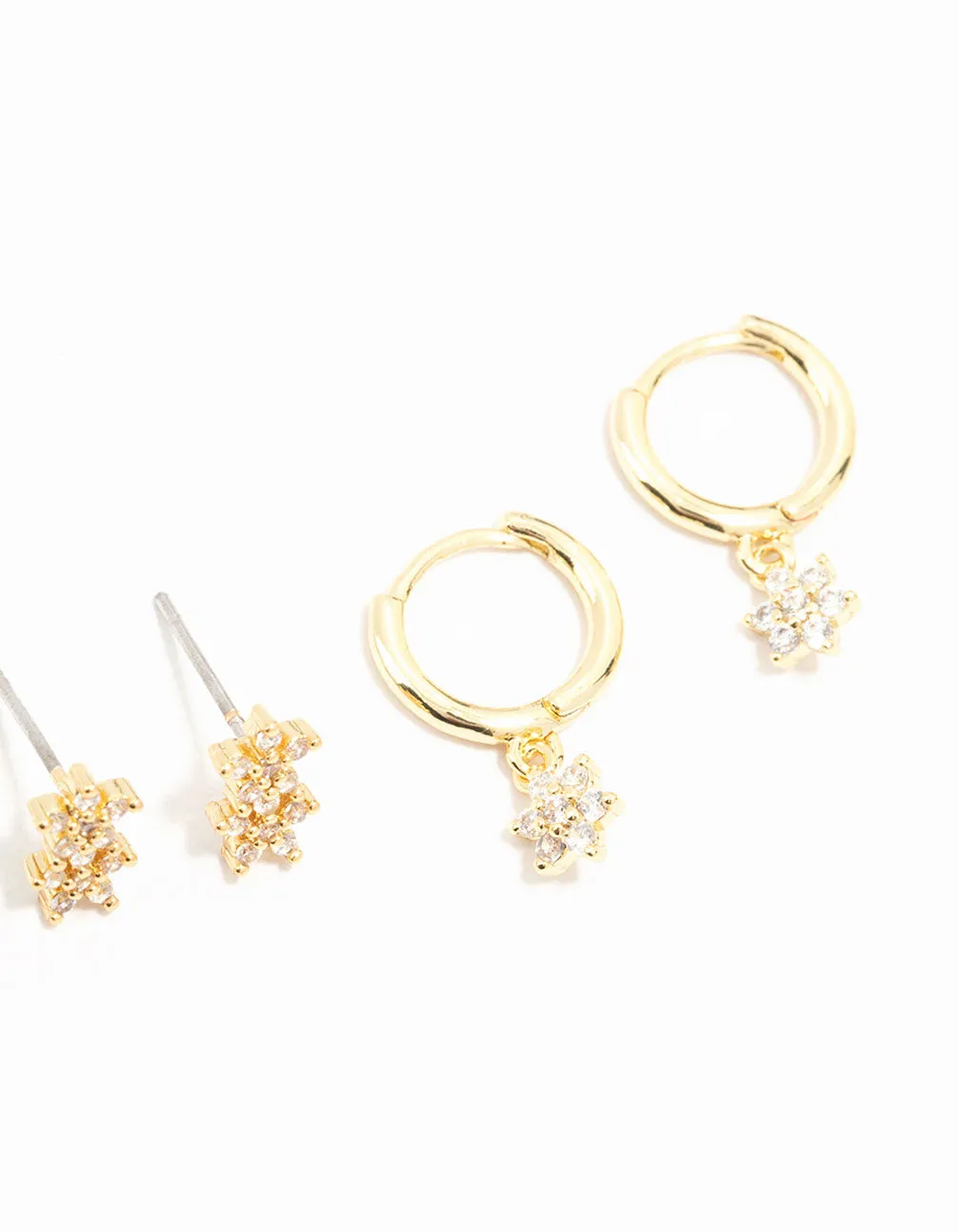 Gold Plated Cubic Zirconia Flower Earrings 4-Pack