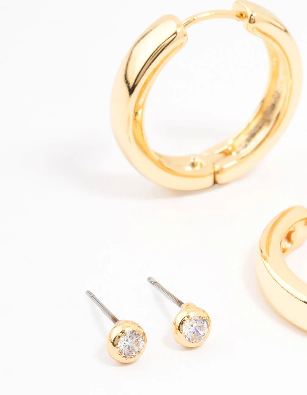 Gold Plated Cubic Zirconia Stud & Large Hoop Earrings 2-Pack