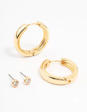 Gold Plated Cubic Zirconia Stud & Large Hoop Earrings 2-Pack