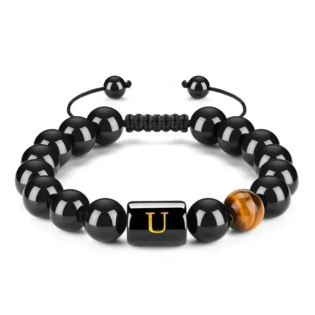 Initials Bracelets for Men Letter Link Handmade Natural Black Onyx Tiger Eye Stone Beads