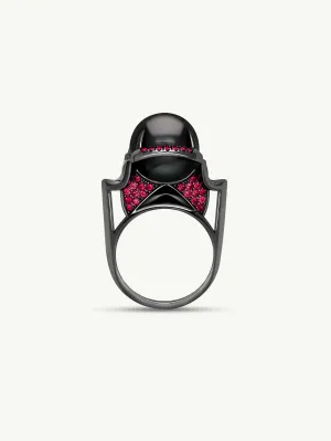 Isis Goddess Ring With Tahitian Black Pearl & Pavé-Set Brilliant Rubies In 18K Blackened Gold