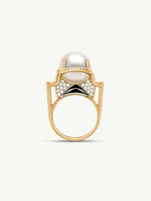 Isis Goddess Ring With White South Sea Pearl & Pavé-Set Brilliant White Diamonds In 18K Yellow Gold