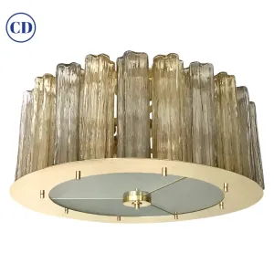 Italian Art Deco Style Crystal & Smoked Murano Glass Round Flush Mount on Brass