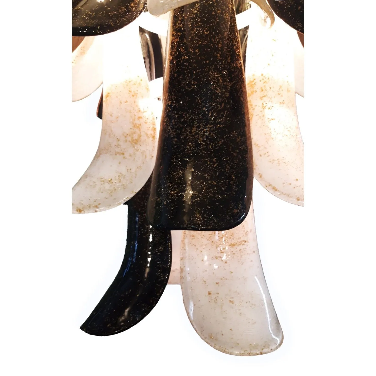 Italian Black White Murano Glass Petals Curved Leaves Tall Modern Chandelier