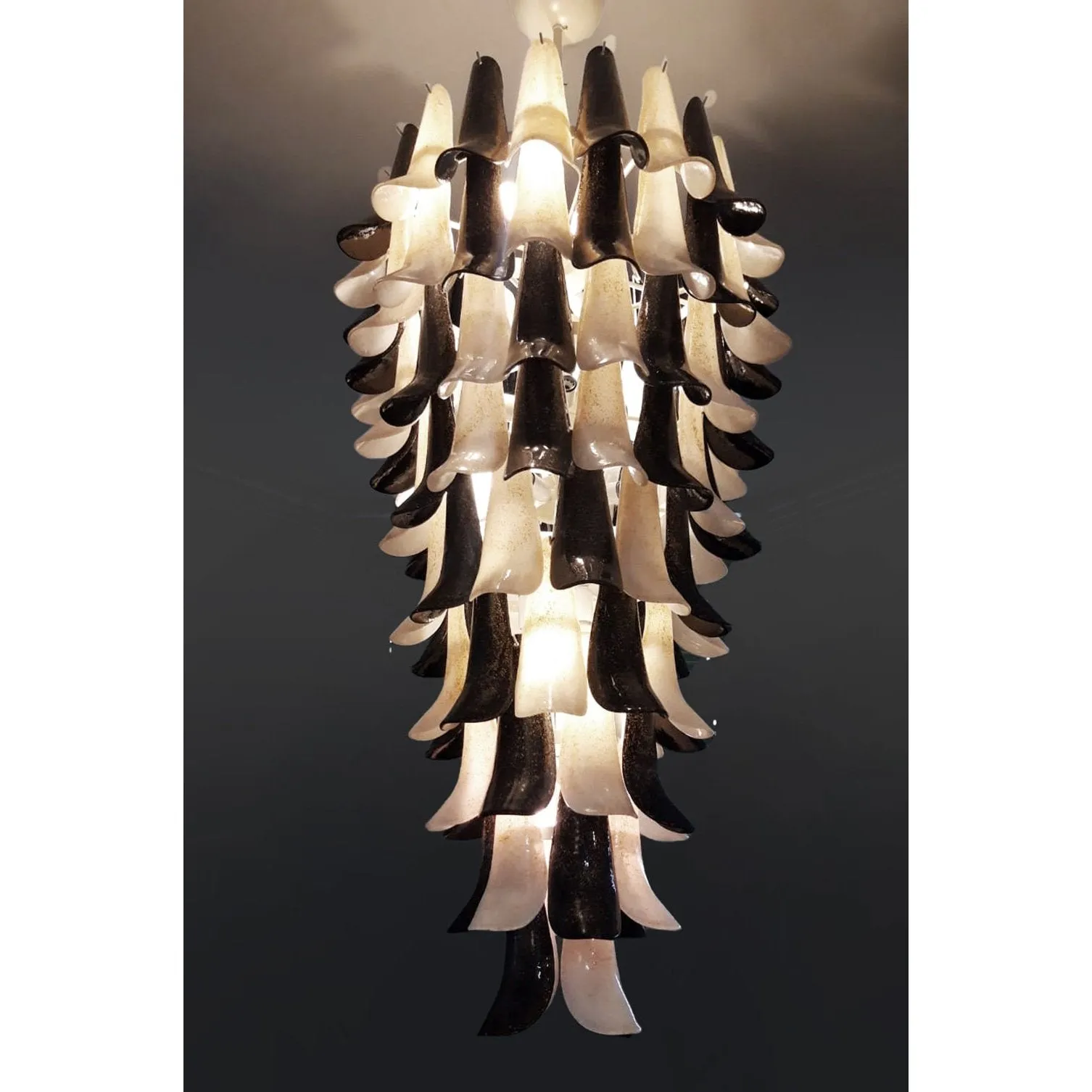 Italian Black White Murano Glass Petals Curved Leaves Tall Modern Chandelier