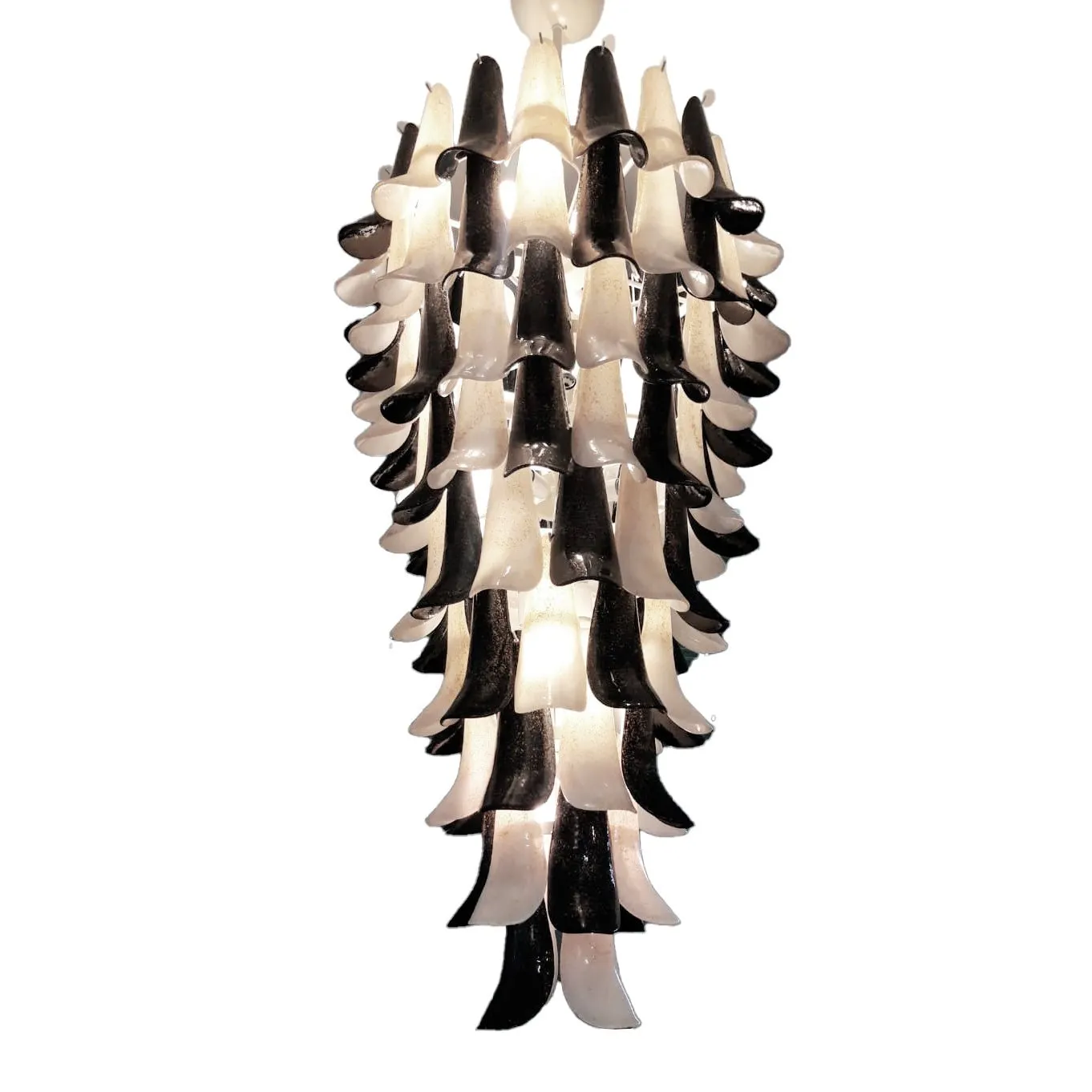 Italian Black White Murano Glass Petals Curved Leaves Tall Modern Chandelier