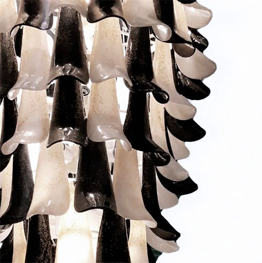 Italian Black White Murano Glass Petals Curved Leaves Tall Modern Chandelier