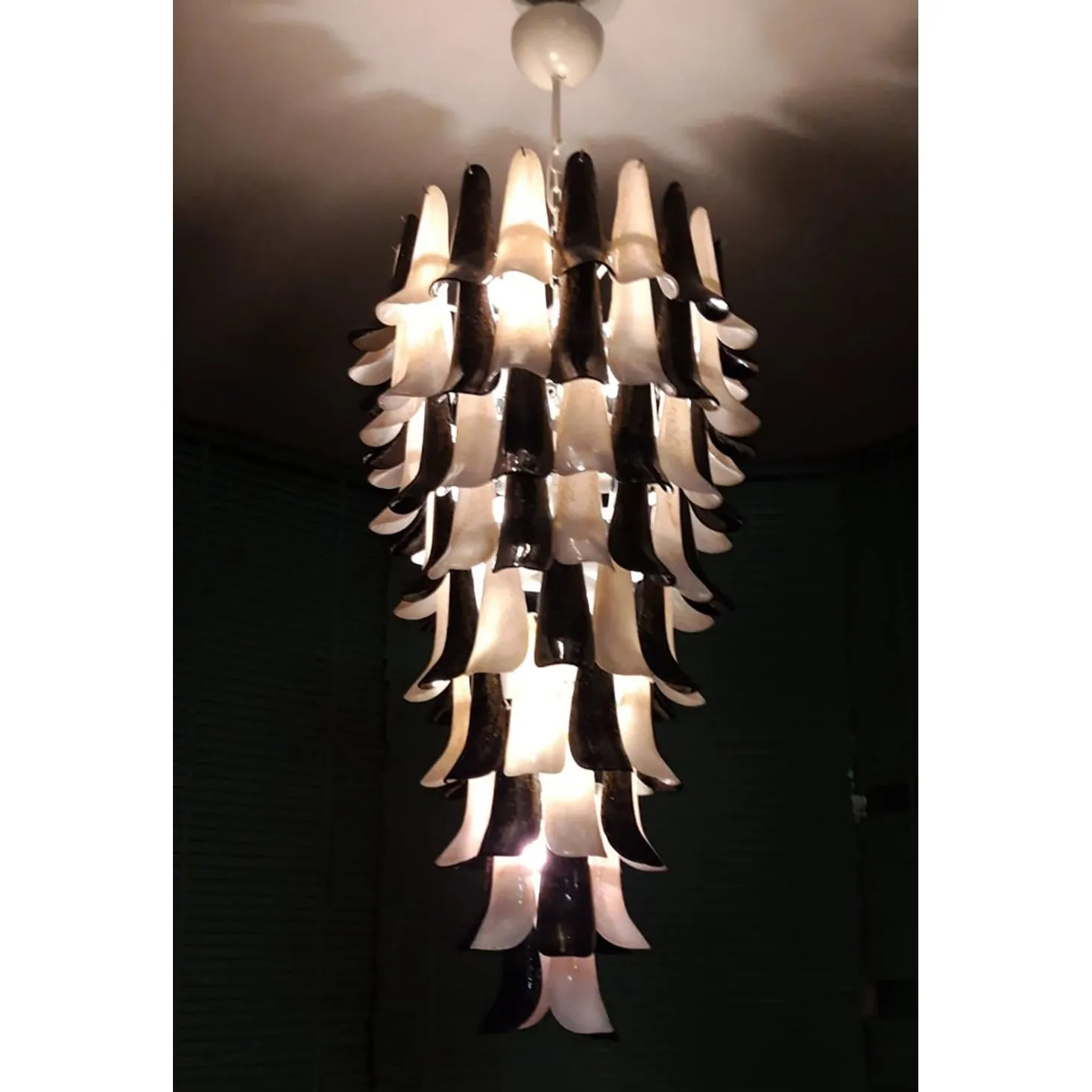 Italian Black White Murano Glass Petals Curved Leaves Tall Modern Chandelier