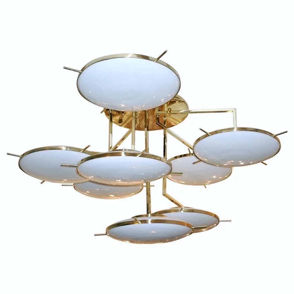 Italian Contemporary Multi Level Brass and White Murano Glass Disk Chandelier