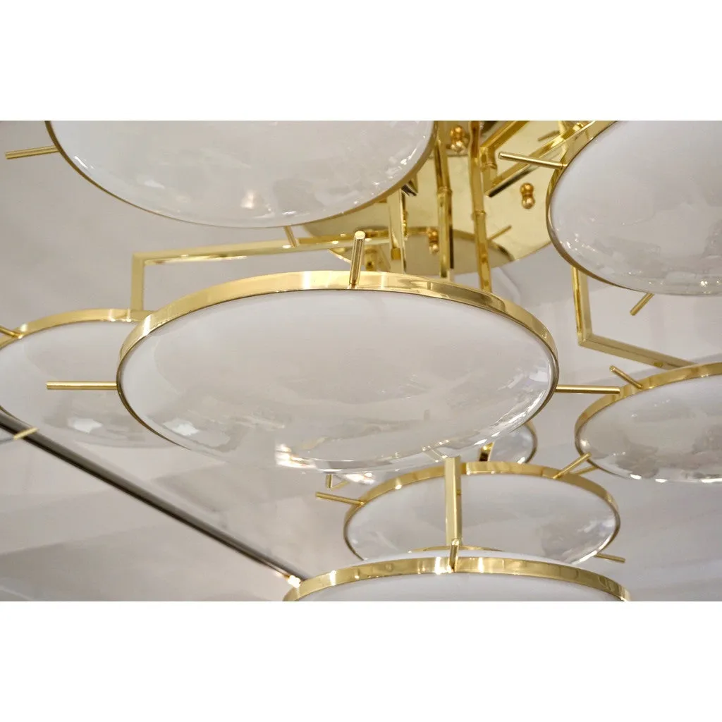 Italian Contemporary Multi Level Brass and White Murano Glass Disk Chandelier