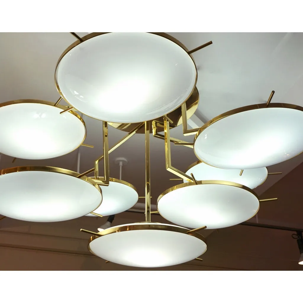 Italian Contemporary Multi Level Brass and White Murano Glass Disk Chandelier