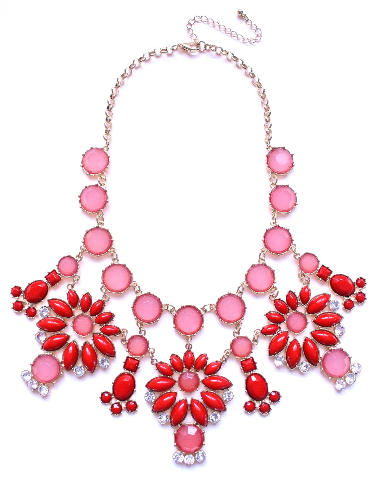 Jeweled Floral Snowflakes Statement Necklace- Red