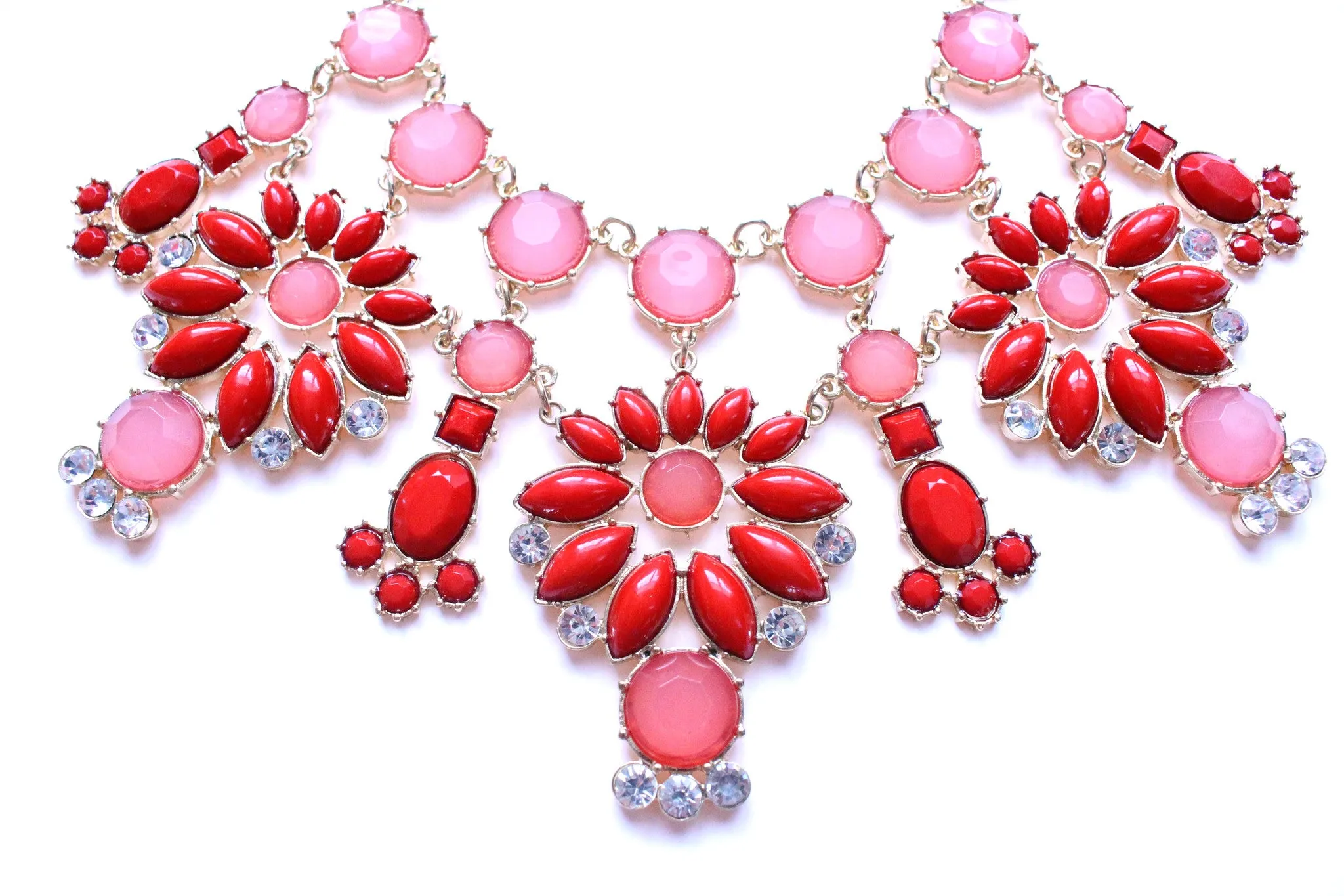 Jeweled Floral Snowflakes Statement Necklace- Red