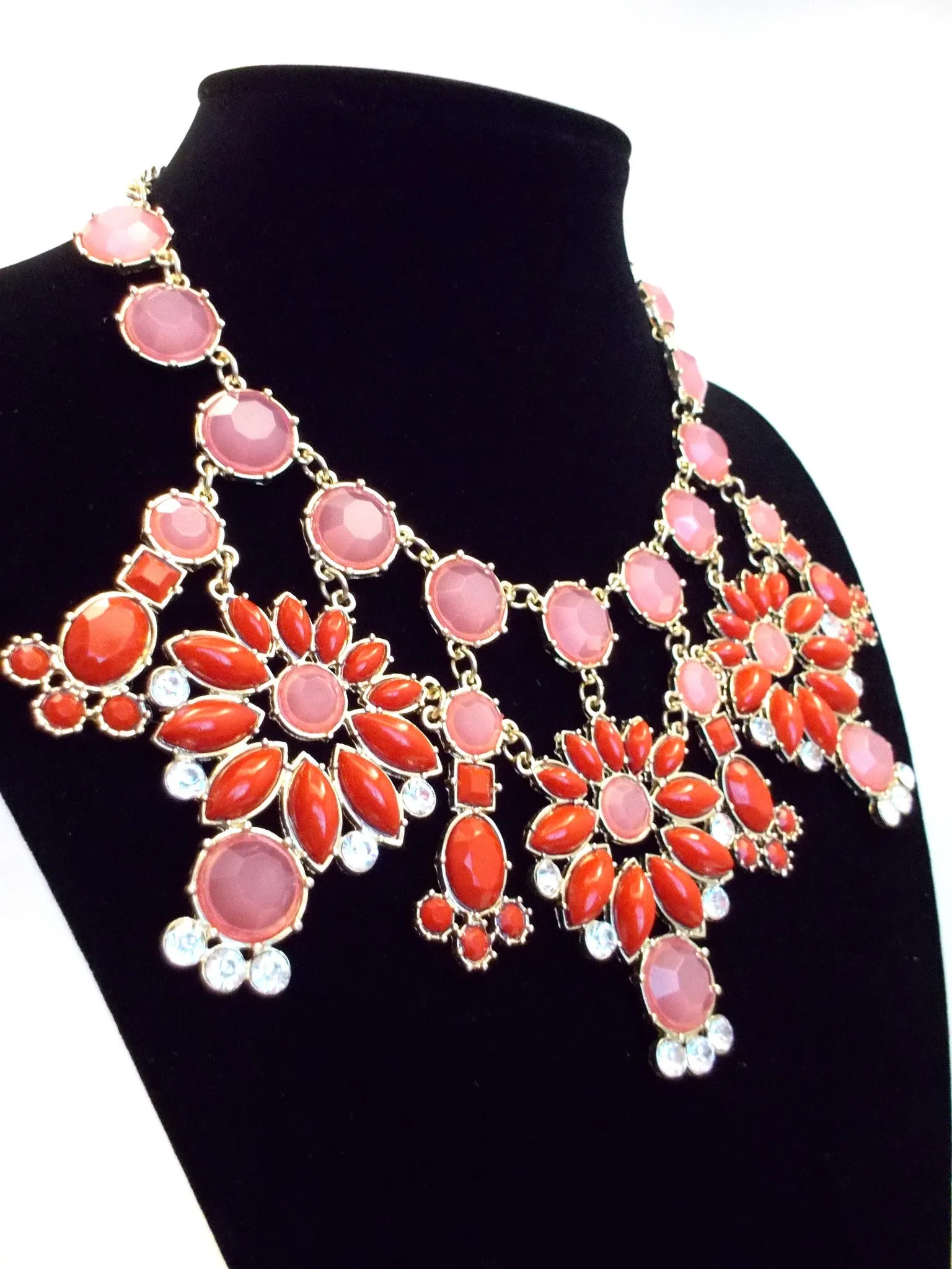 Jeweled Floral Snowflakes Statement Necklace- Red