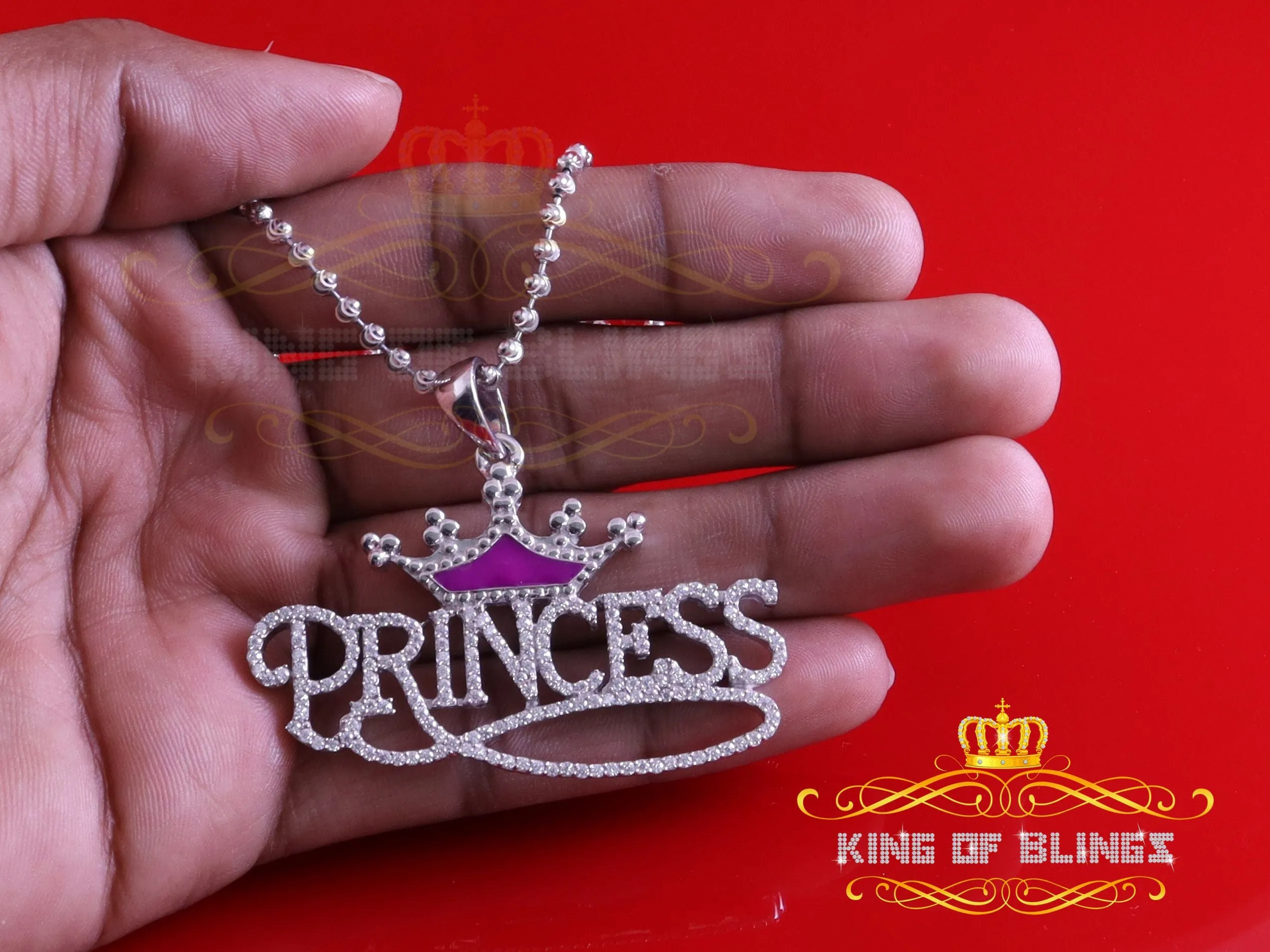 King Of Bling's 3ct Real Moissanite 925 Silver PRINCESS with Pink Enamel crown White Pendant