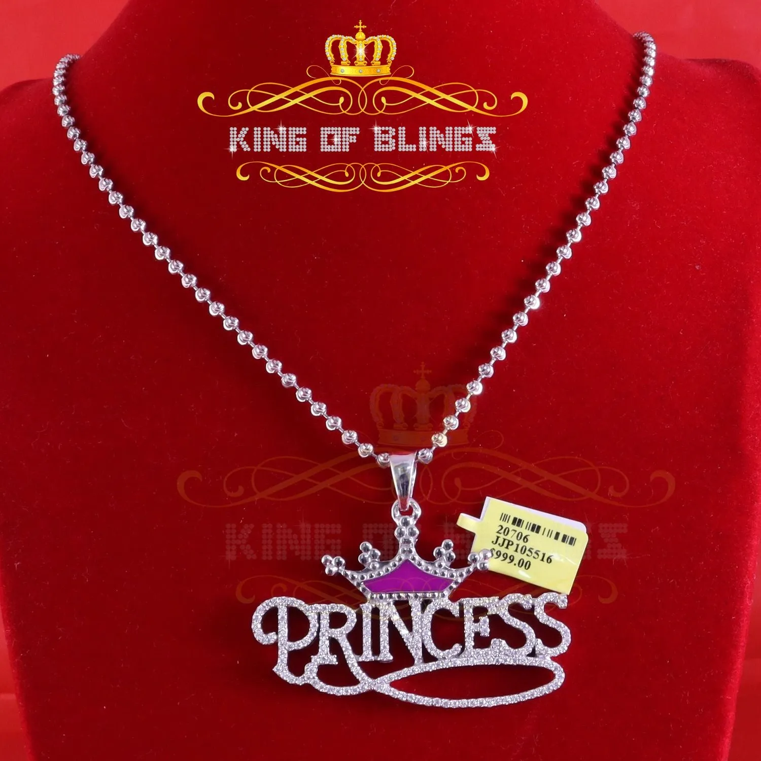 King Of Bling's 3ct Real Moissanite 925 Silver PRINCESS with Pink Enamel crown White Pendant