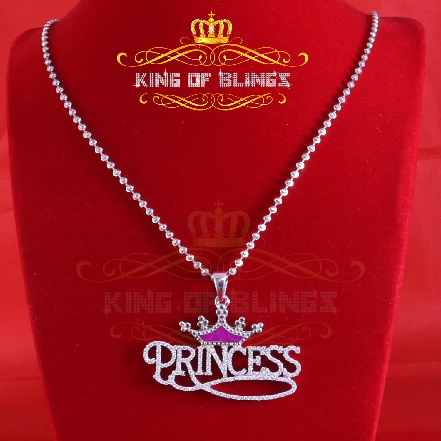 King Of Bling's 3ct Real Moissanite 925 Silver PRINCESS with Pink Enamel crown White Pendant