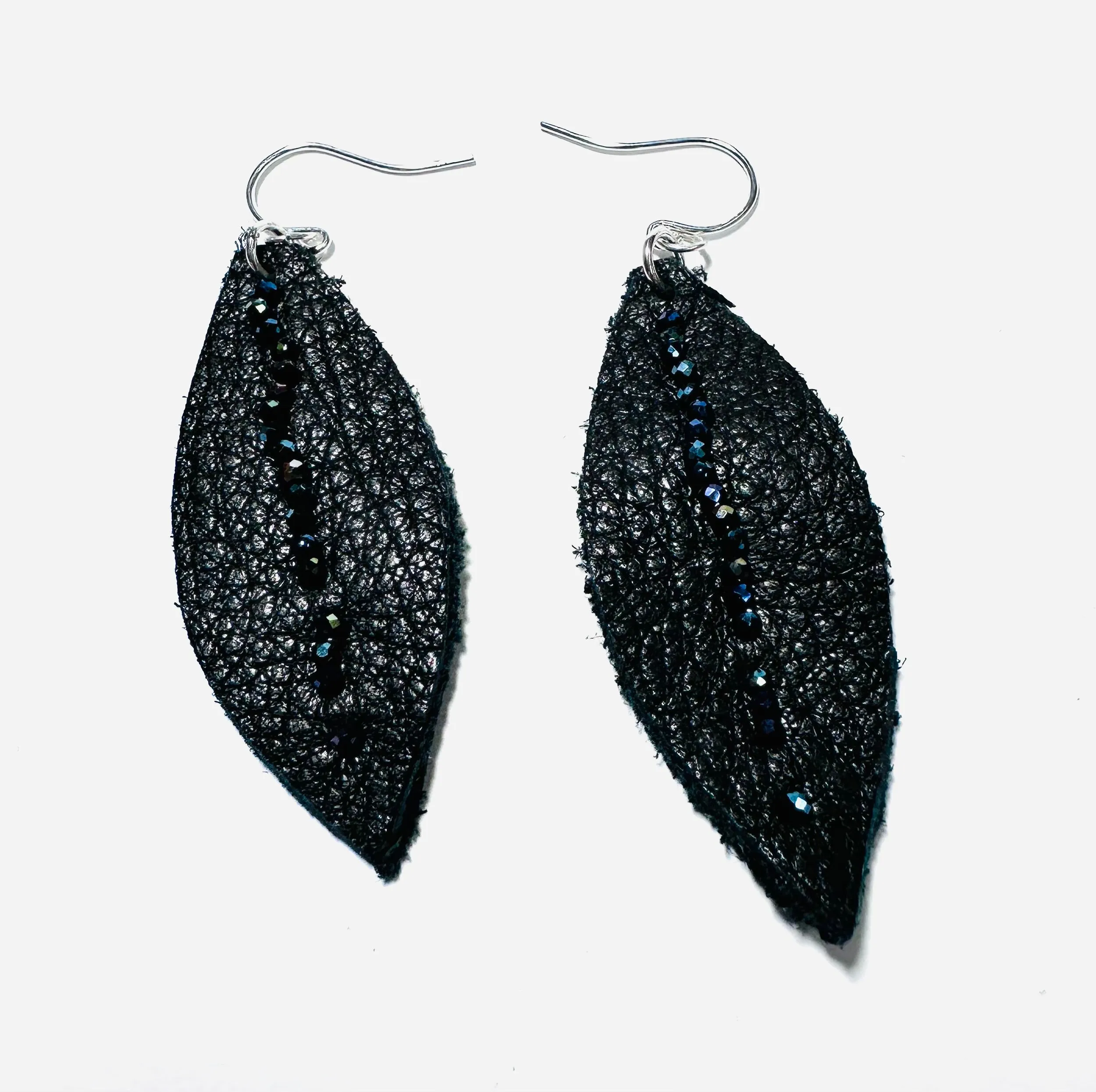 Leather Feather Earrings, Black leather Earrings, Feather Earrings