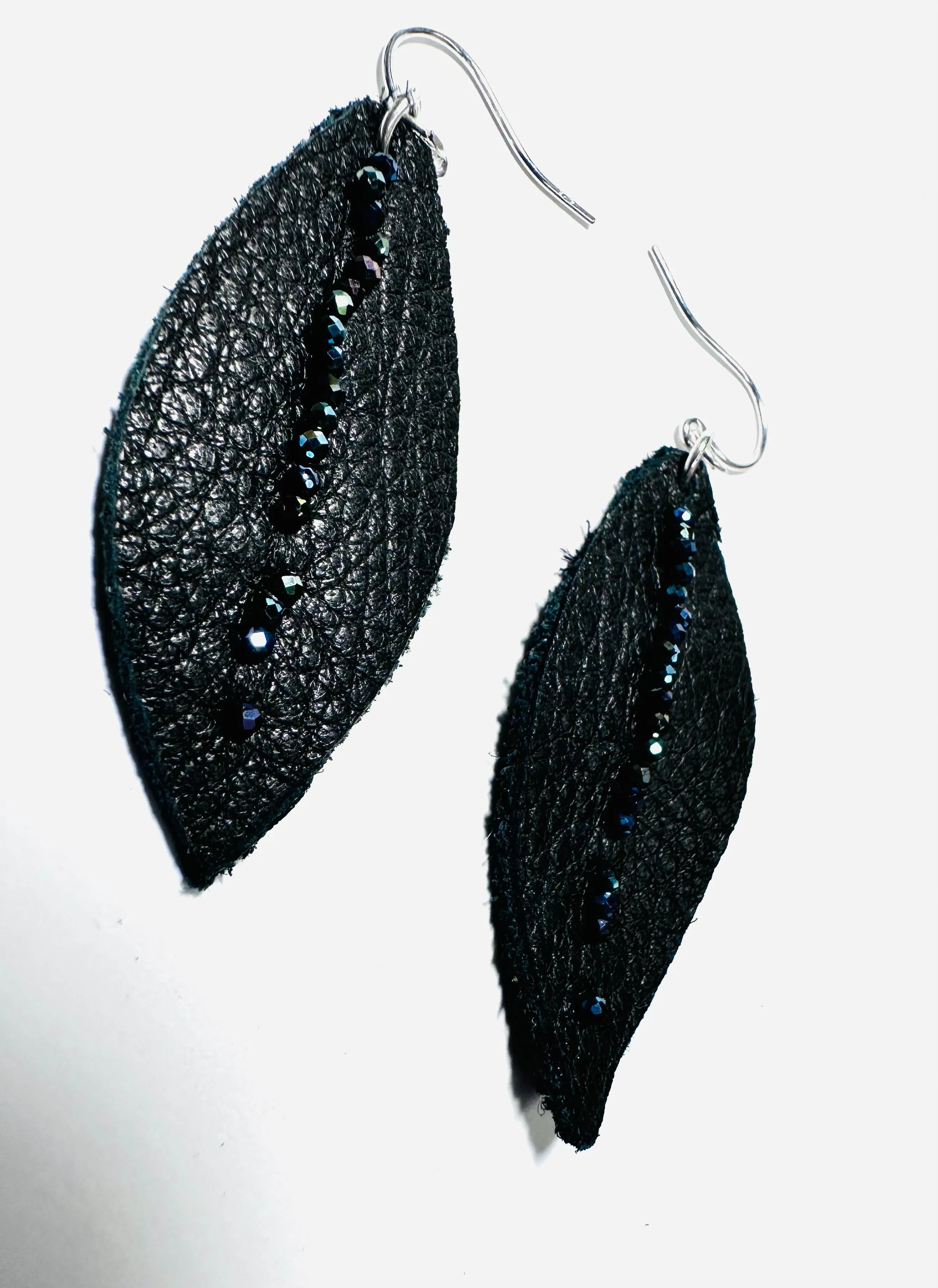 Leather Feather Earrings, Black leather Earrings, Feather Earrings