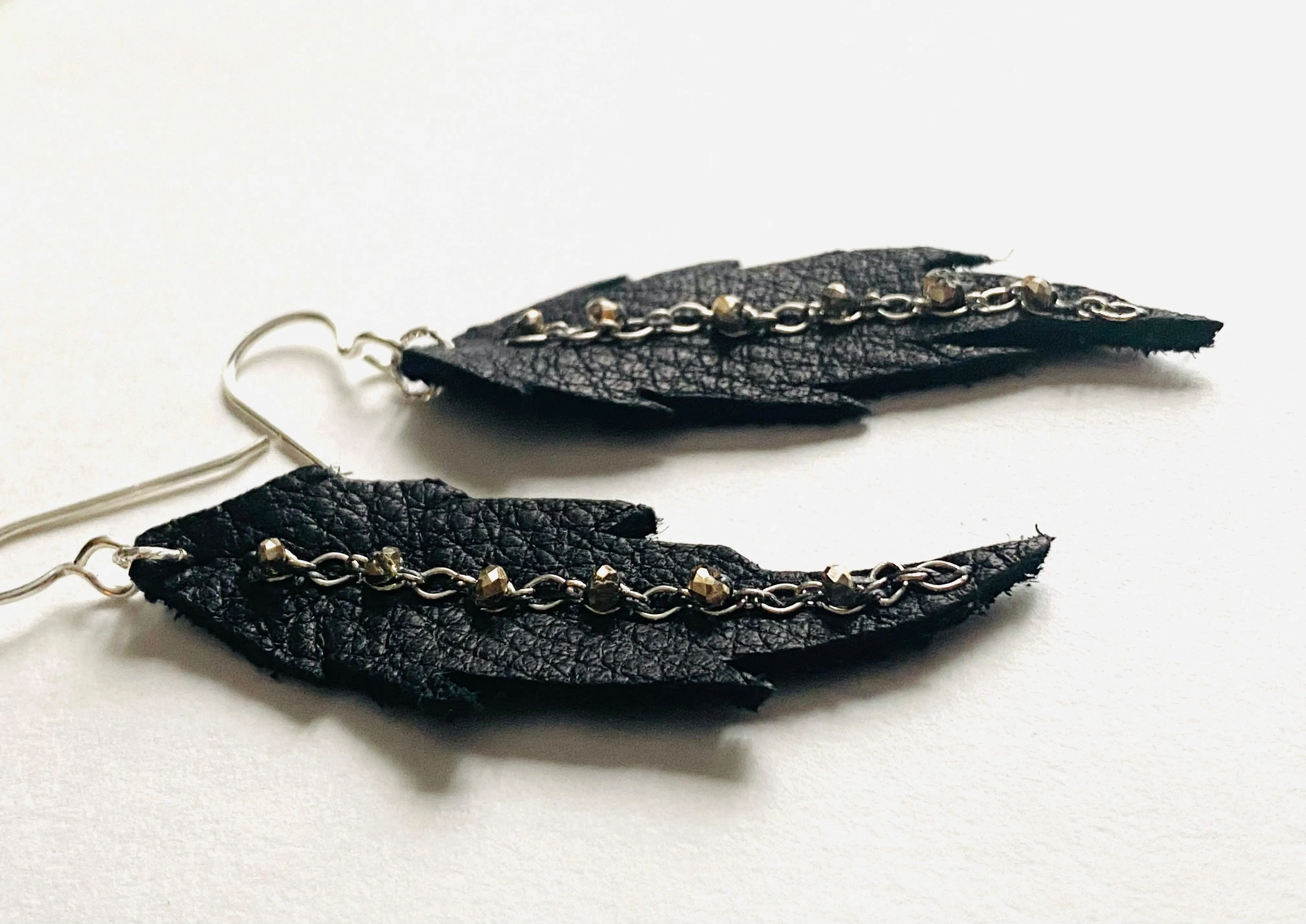 Leather Feather Earrings, Black leather Earrings, Feather Earrings