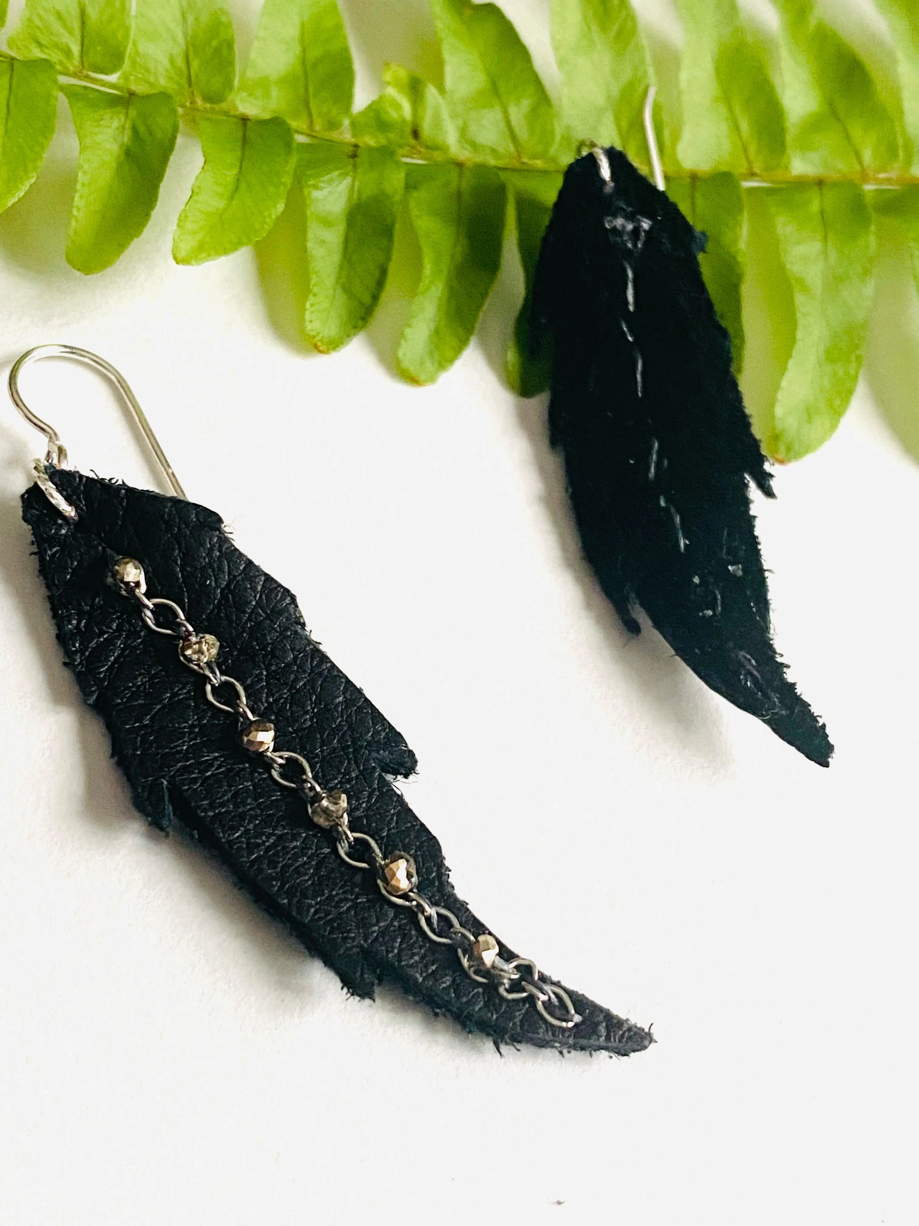 Leather Feather Earrings, Black leather Earrings, Feather Earrings