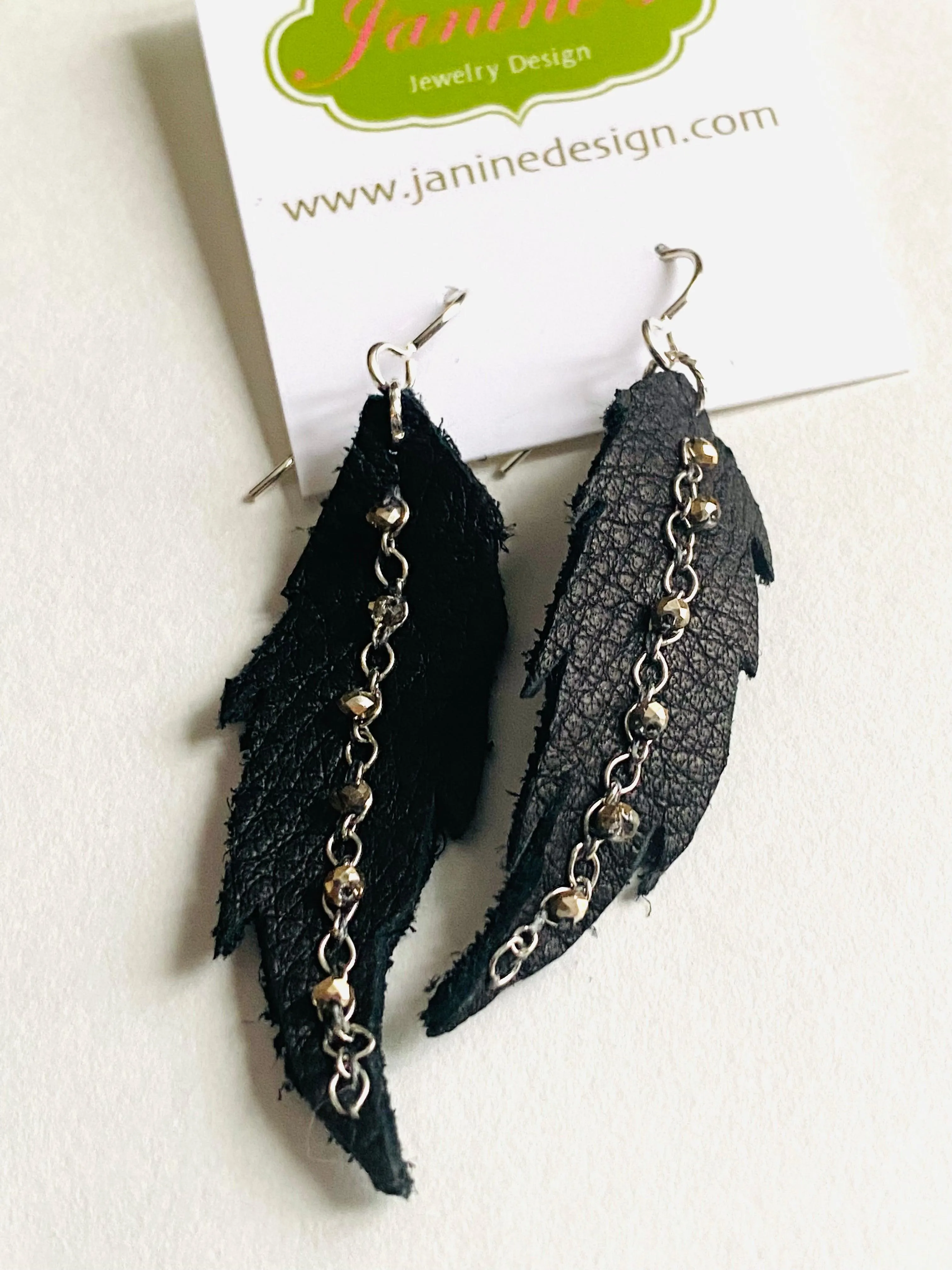 Leather Feather Earrings, Black leather Earrings, Feather Earrings