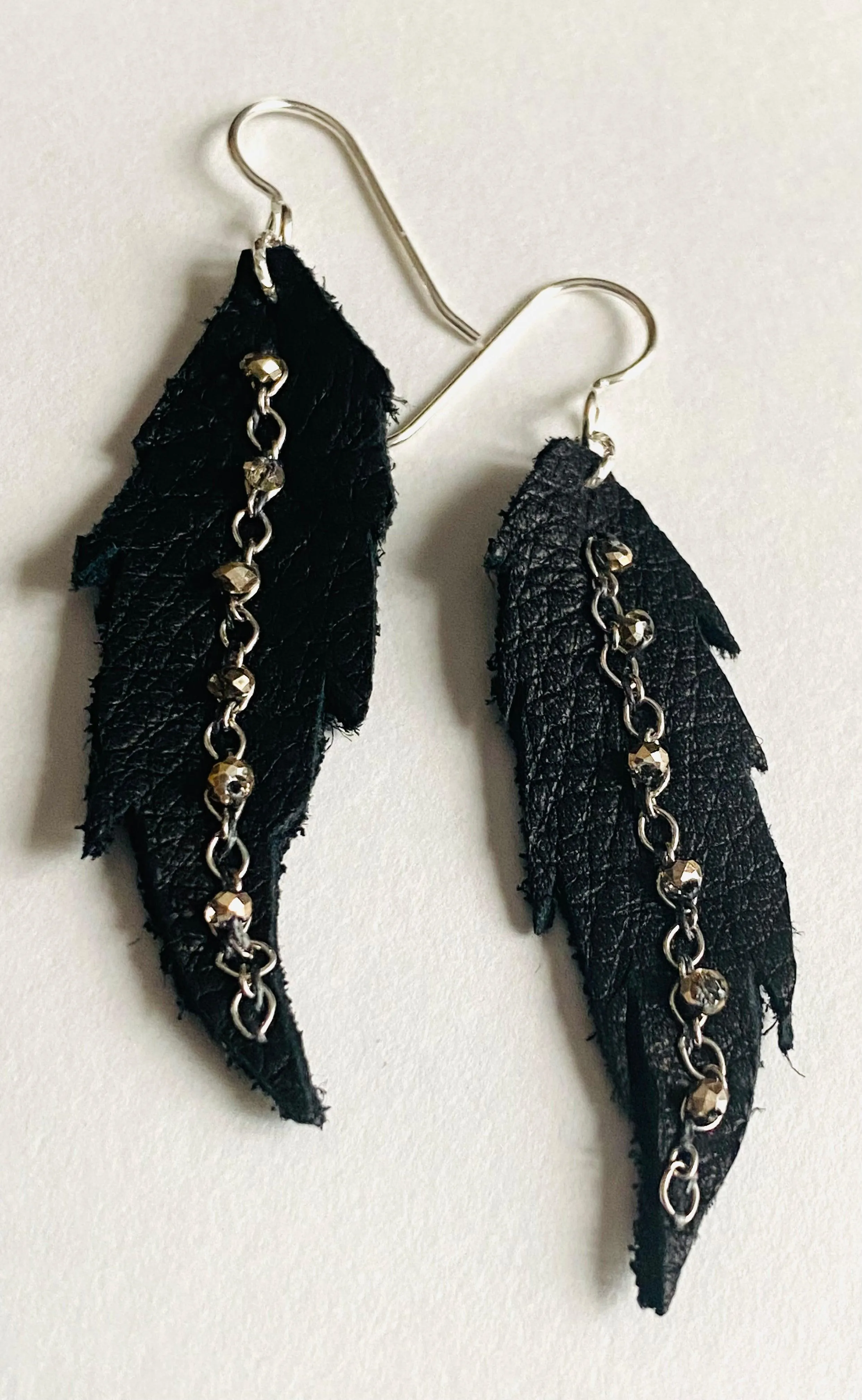 Leather Feather Earrings, Black leather Earrings, Feather Earrings