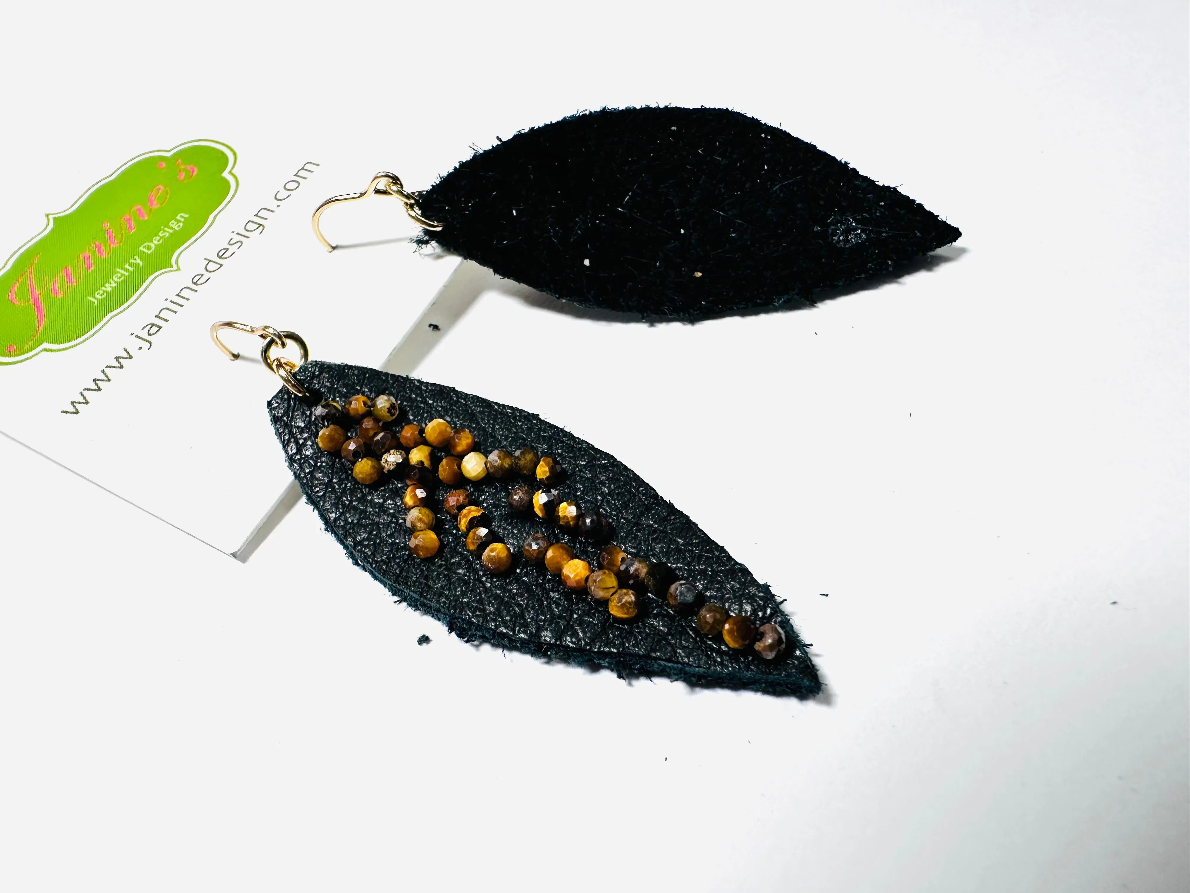 Leather Feather Earrings, Black leather Earrings, Feather Earrings