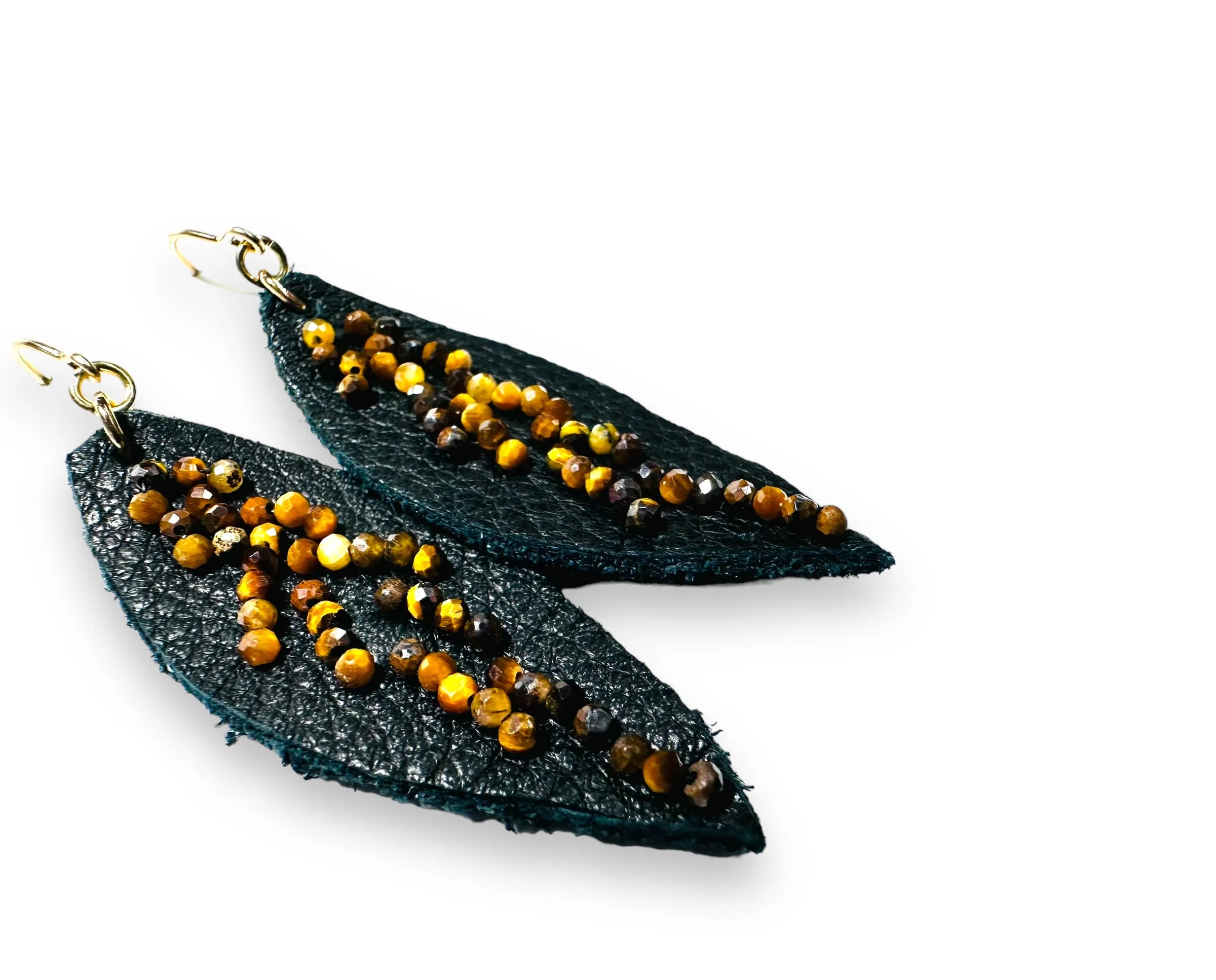 Leather Feather Earrings, Black leather Earrings, Feather Earrings