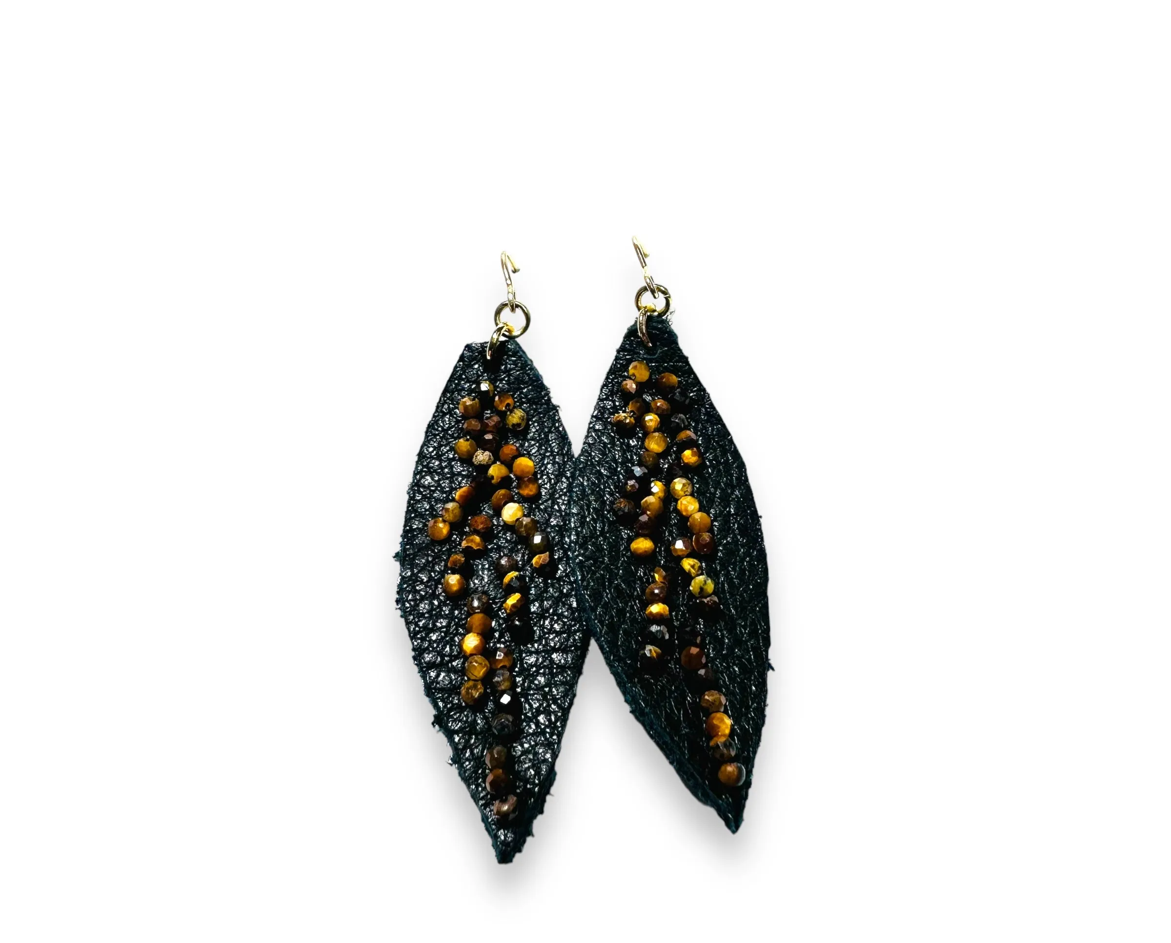 Leather Feather Earrings, Black leather Earrings, Feather Earrings