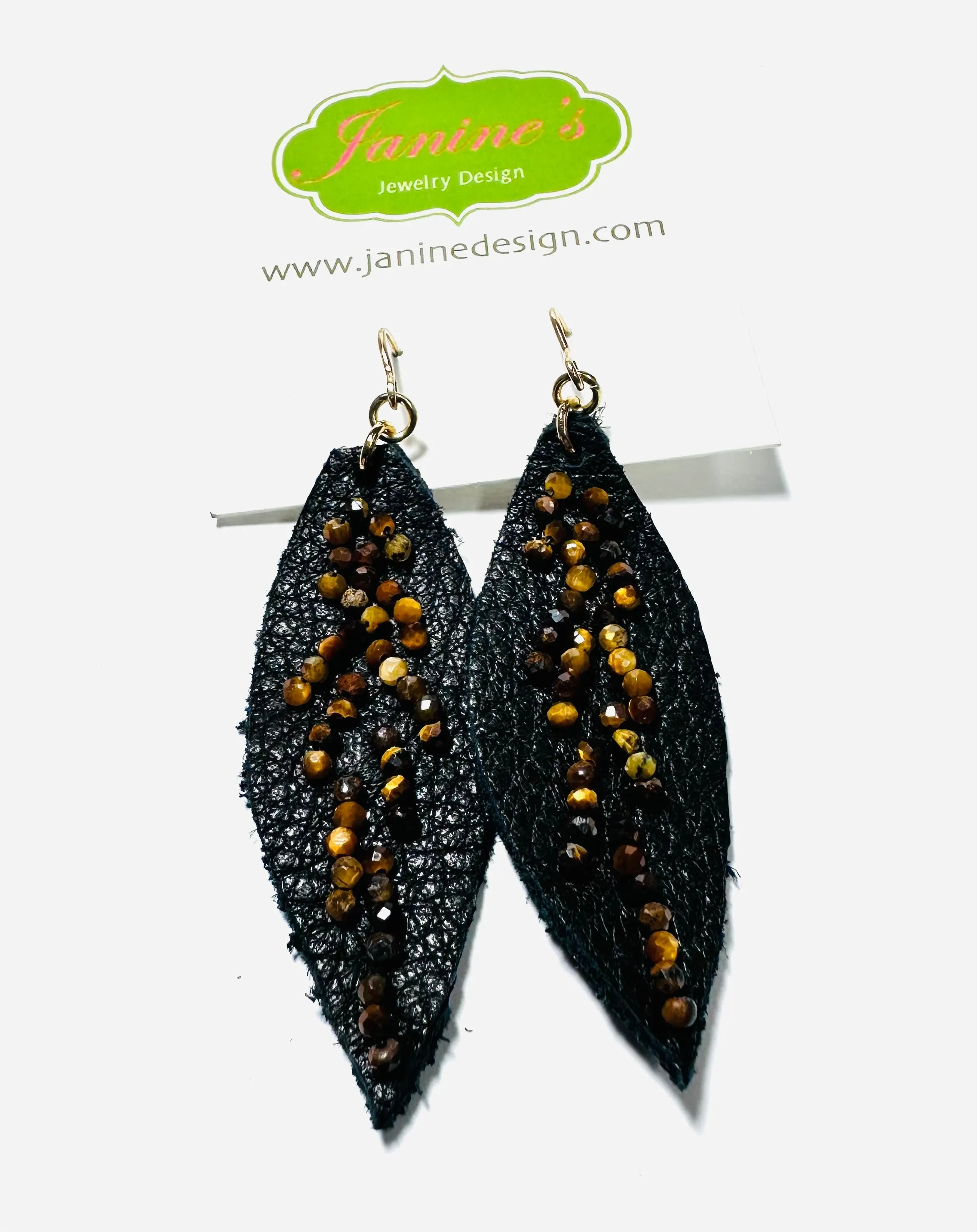 Leather Feather Earrings, Black leather Earrings, Feather Earrings