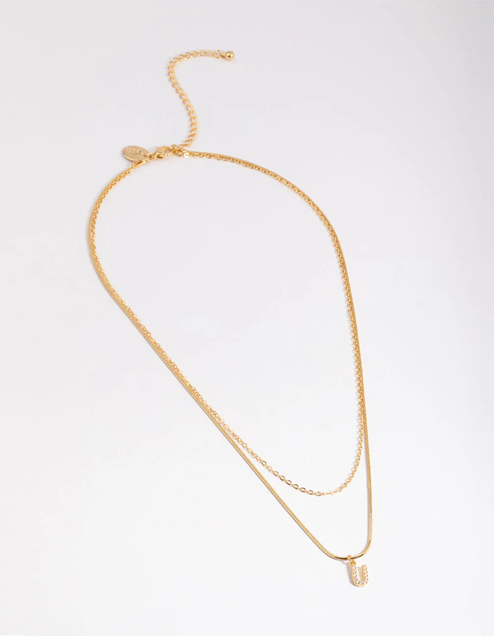 Letter U Gold Plated Layered Diamante Initial Necklace