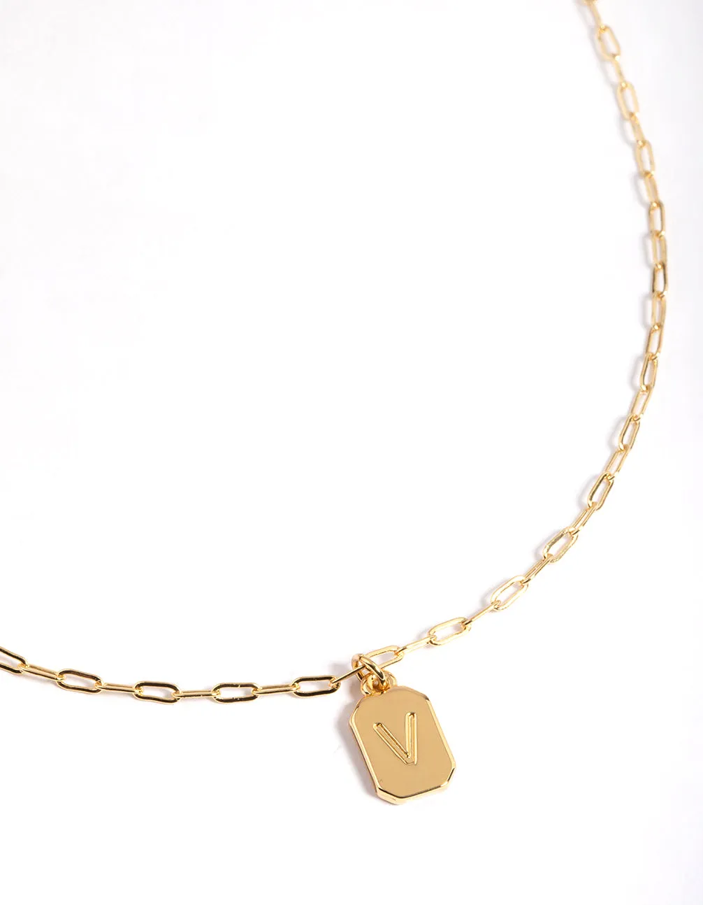 Letter V Gold Plated Rectangle Pendant Initial Necklace