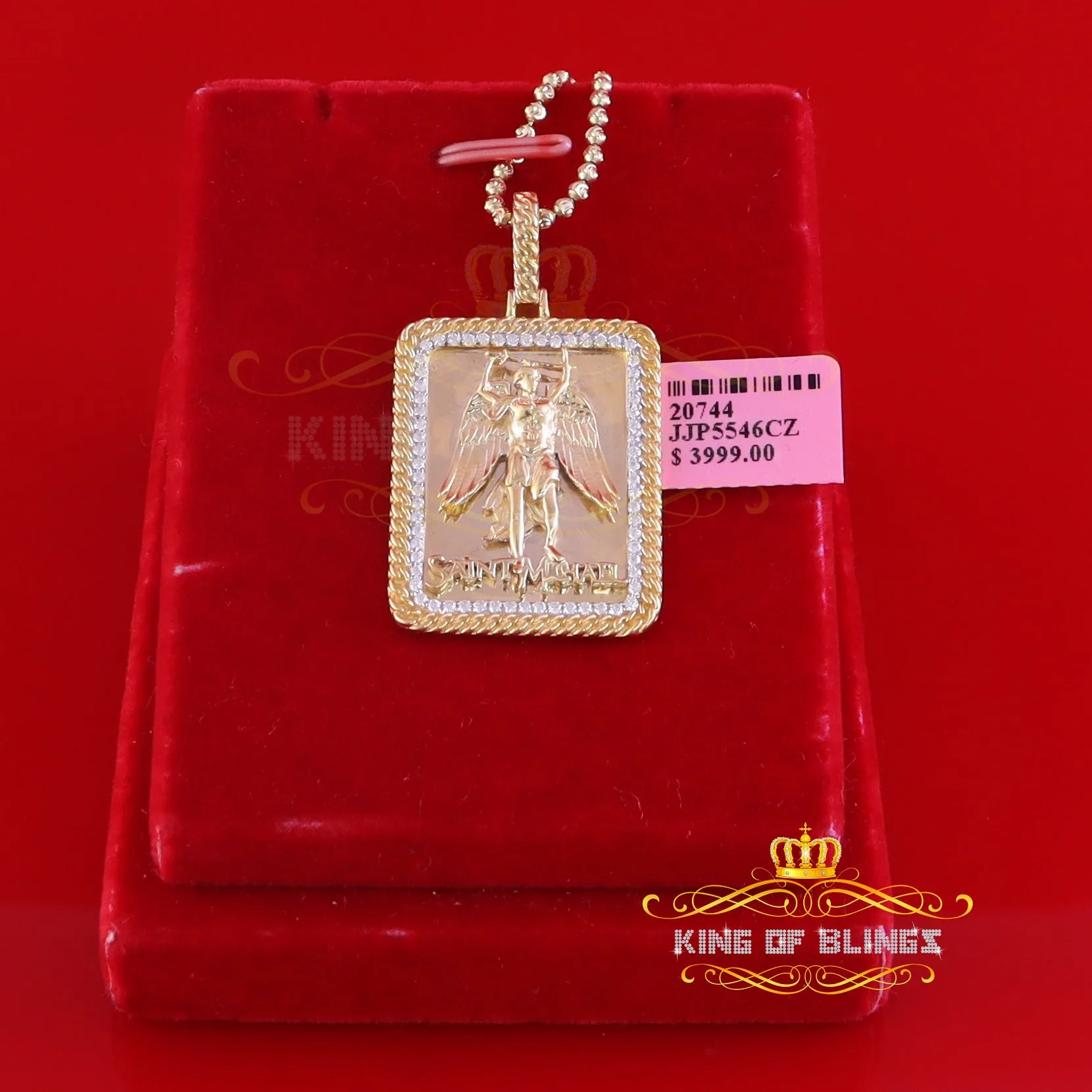 Men's 925 Silver 0.66ct CZ Square SAINT MICHEAL Yellow 1.00 inch 3D Pendant