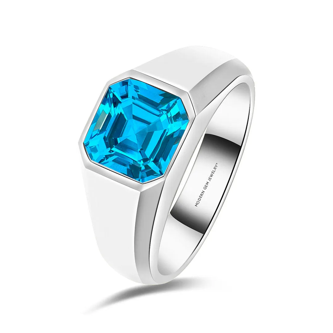 Men's Blue Topaz Ring in White Gold Asscher Cut