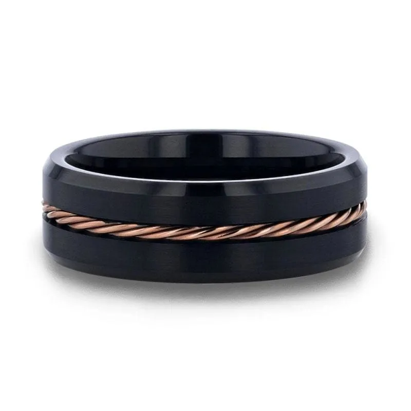 Men's Rose Gold Braided Brushed Center Black Tungsten Band Beveled Edges - 8mm