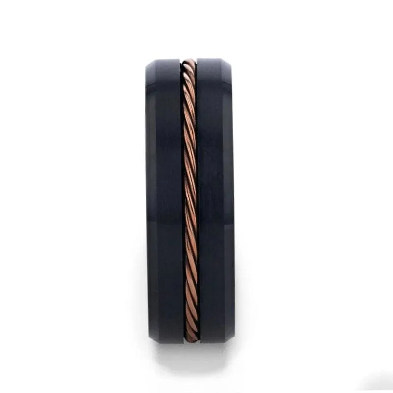 Men's Rose Gold Braided Brushed Center Black Tungsten Band Beveled Edges - 8mm