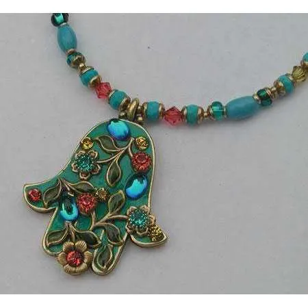 Michal Golan Green Swarovski Crystal and Glass Hamsa Necklace