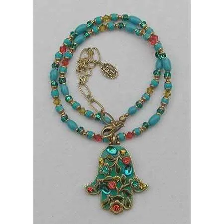 Michal Golan Green Swarovski Crystal and Glass Hamsa Necklace