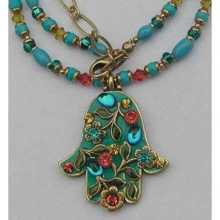 Michal Golan Green Swarovski Crystal and Glass Hamsa Necklace