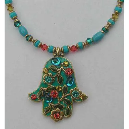 Michal Golan Green Swarovski Crystal and Glass Hamsa Necklace