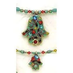 Michal Golan Green Swarovski Crystal and Glass Hamsa Necklace