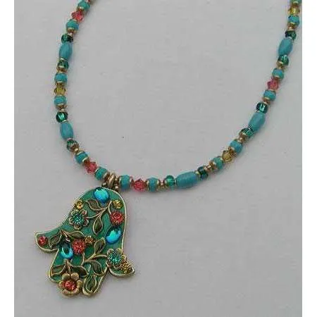 Michal Golan Green Swarovski Crystal and Glass Hamsa Necklace