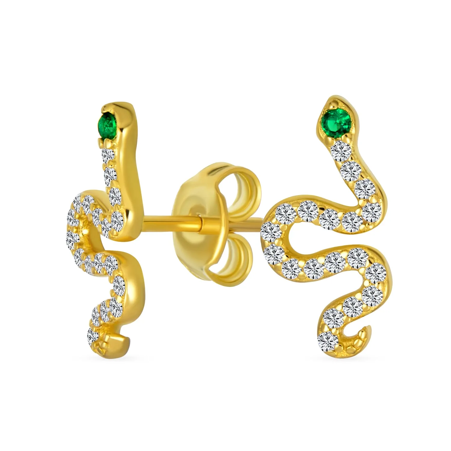 Minimalist CZ Stud Earrings: Green Eyed Serpent Snake in 14K Gold & Silver