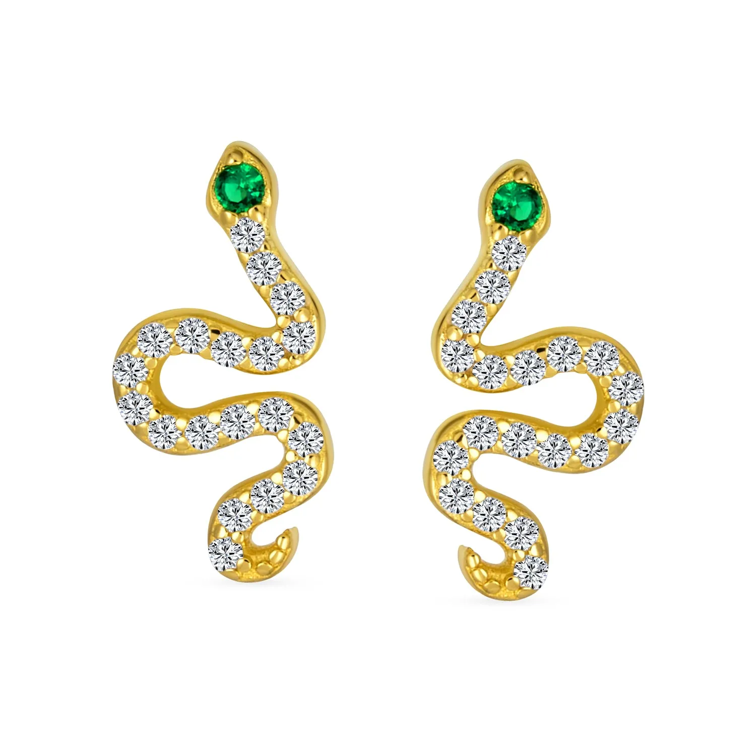 Minimalist CZ Stud Earrings: Green Eyed Serpent Snake in 14K Gold & Silver