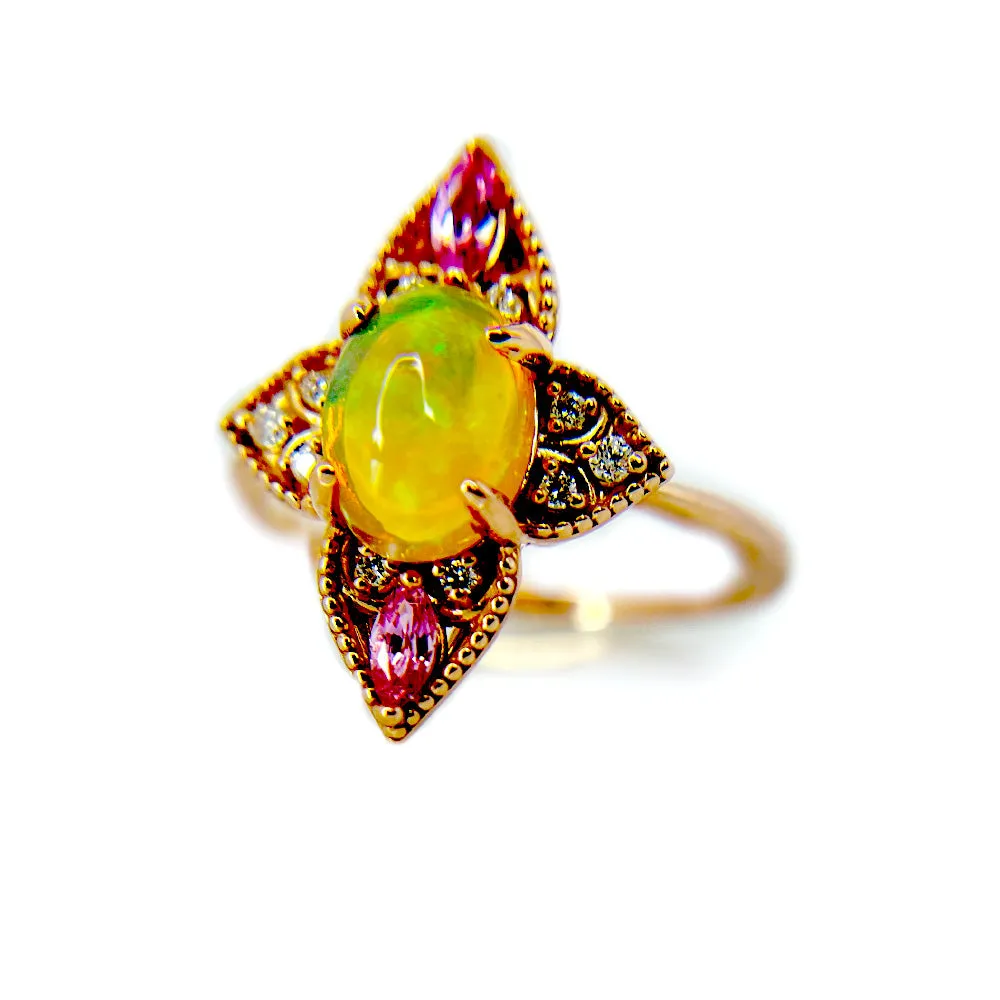 Natural Ethiopian Opal with Pink Sapphire and Diamond Vintage Ring